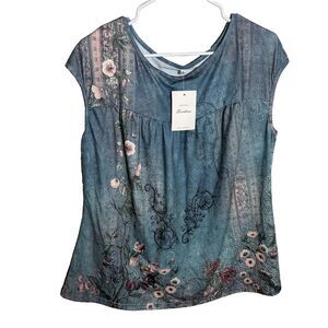 Soesdemo Blouse Women's XL Round Neck Y2k Floral Printed Cap Sleeve